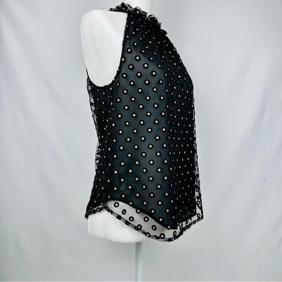 LOFT Metallic Gold Clip Dot Polka Dot Black Ruffle Yoke  Sleeveless Blouse XS - Picture 2 of 9